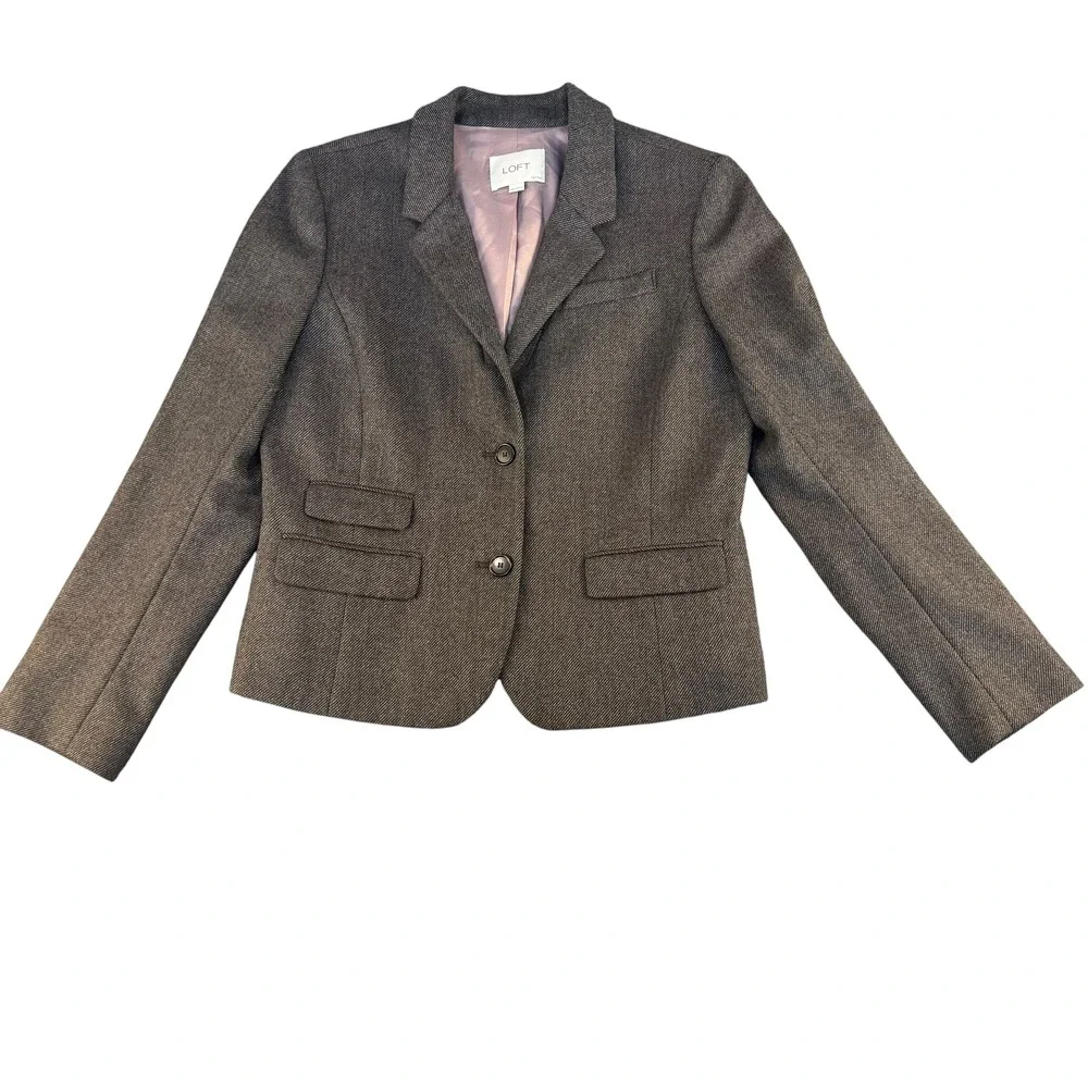 Ann Taylor LOFT Petites Wool Blend Herringbone Blazer Brown Grey 10P Jacket